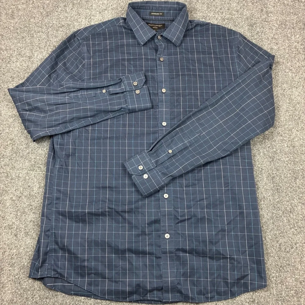 Banana Republic Mens Size Large Navy Blue Windowpane Plaid Non-Iron Dress Shirt